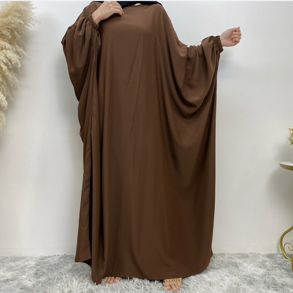 Middle Eastern Bat Sleeve Kaftan Abaya Maxi Dress Brown Floor-Length